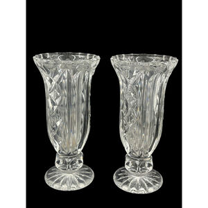 Crystal Bud Vase Footed Lead X Cut Glass Fluted Tulip Shaped 5” Tall Set of 2